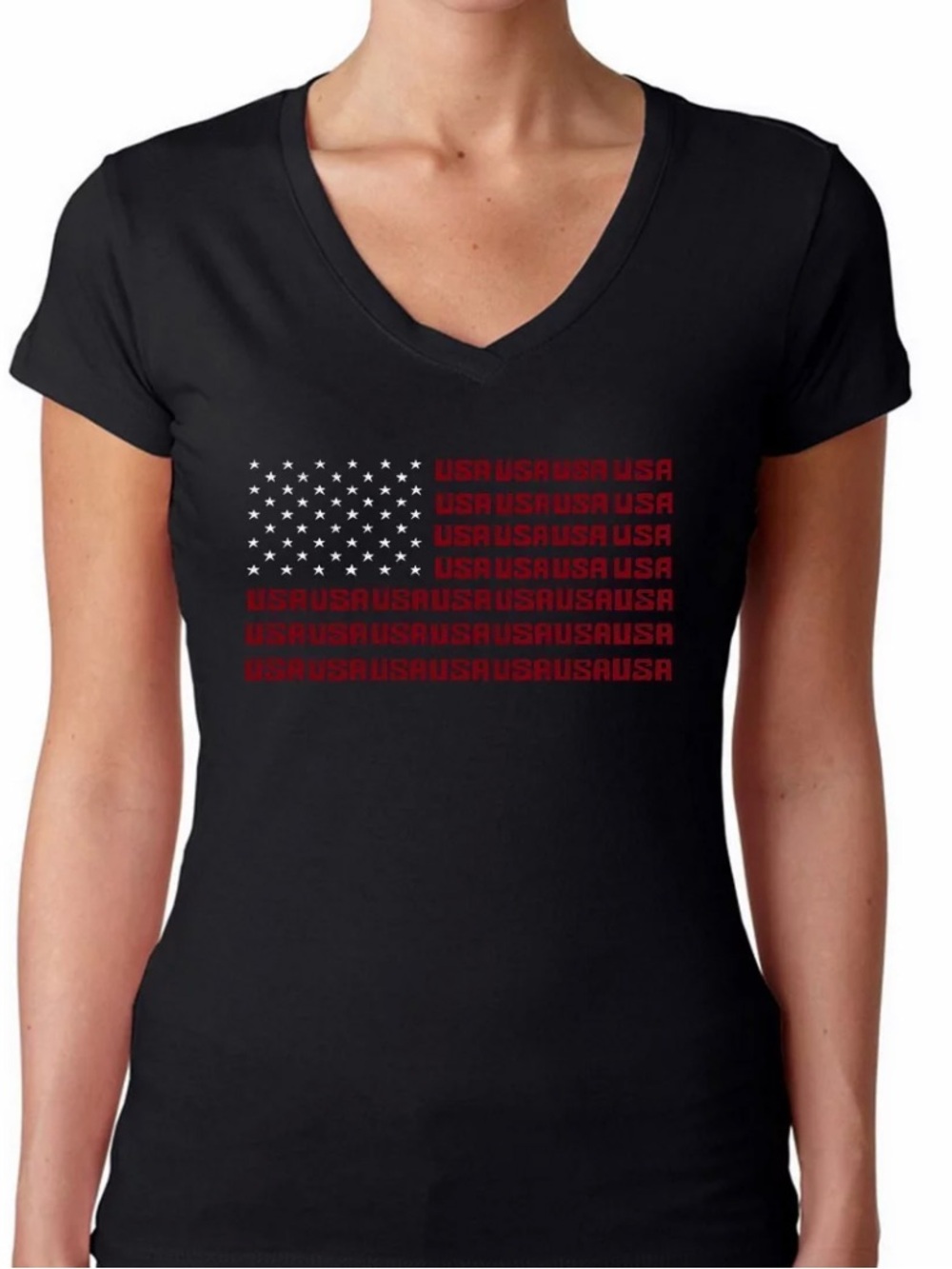 NEW LA Pop Art Women’s Black V-Neck Tee with Red and White Flag Text Graphic